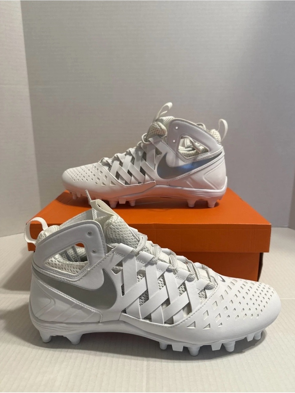 2015 Nike Huarache V LAX Woven White/Silver Mid Men’s Lacrosse Cleats 10.5M